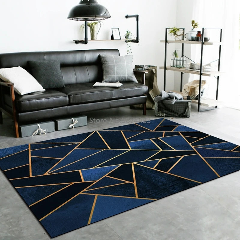 

Luxury Dark Blue Black Carpet Golden Line Geometric Living Room Sofa Area Rugs Tapete Crystal Non-Slip Bedroom Kitchen Floor Mat