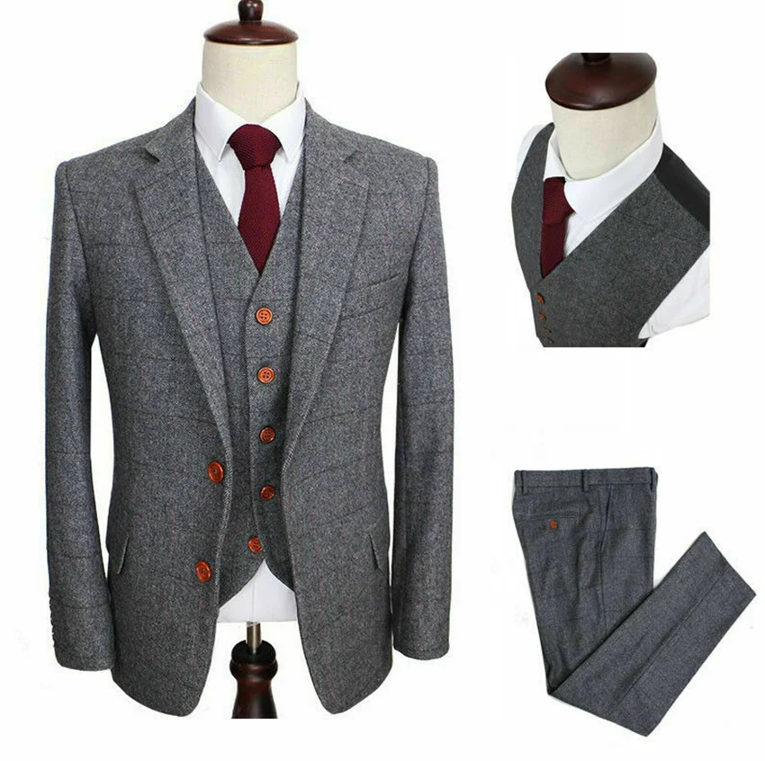Мужские Винтажные костюмы с серыми стеклами 2020 строгий твидовый костюм из трех