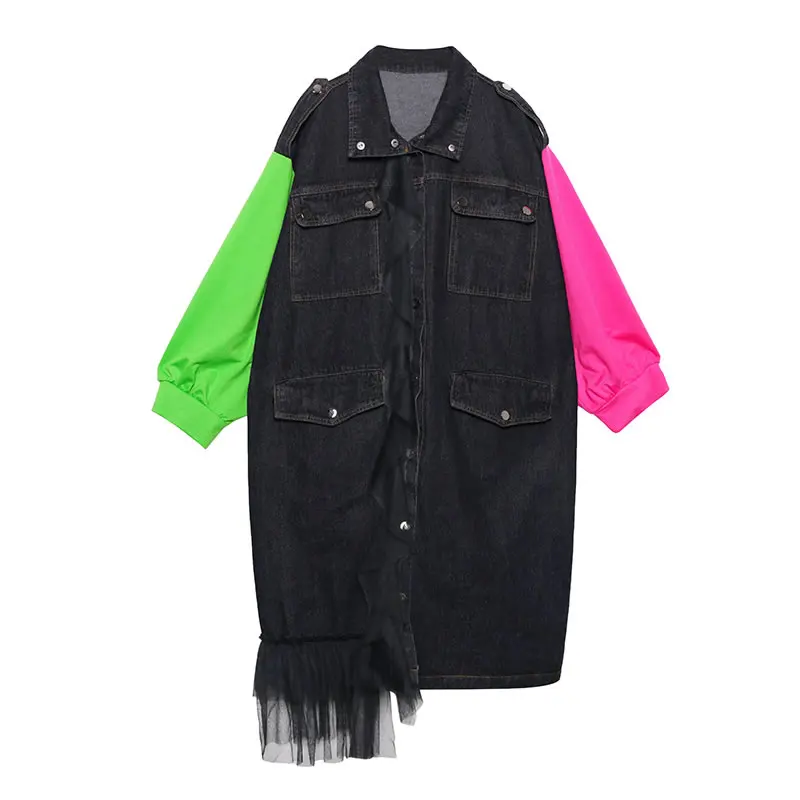 

XITAO Plus Size Patchwork Mesh Hit Color Trench Women Clothes Fashion Casual 2020 Autumn New Turn Down Collar Coat Top ZLL4705