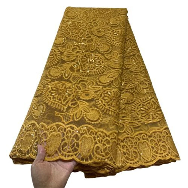 

Желтая французская Тюлевая Кружевная Ткань 5 ярдов, африканская кружевная ткань 2021, Высококачественная нигерийская кружевная ткань для вечернего платья