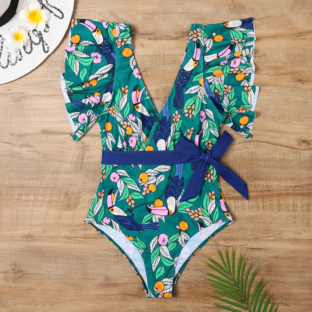

New Sexy One Piece Swimsuit Women Print Bikini Set Beachwear High Waist Swimwear 2021 Push Up Swimming Beach Jump Bathing Suit