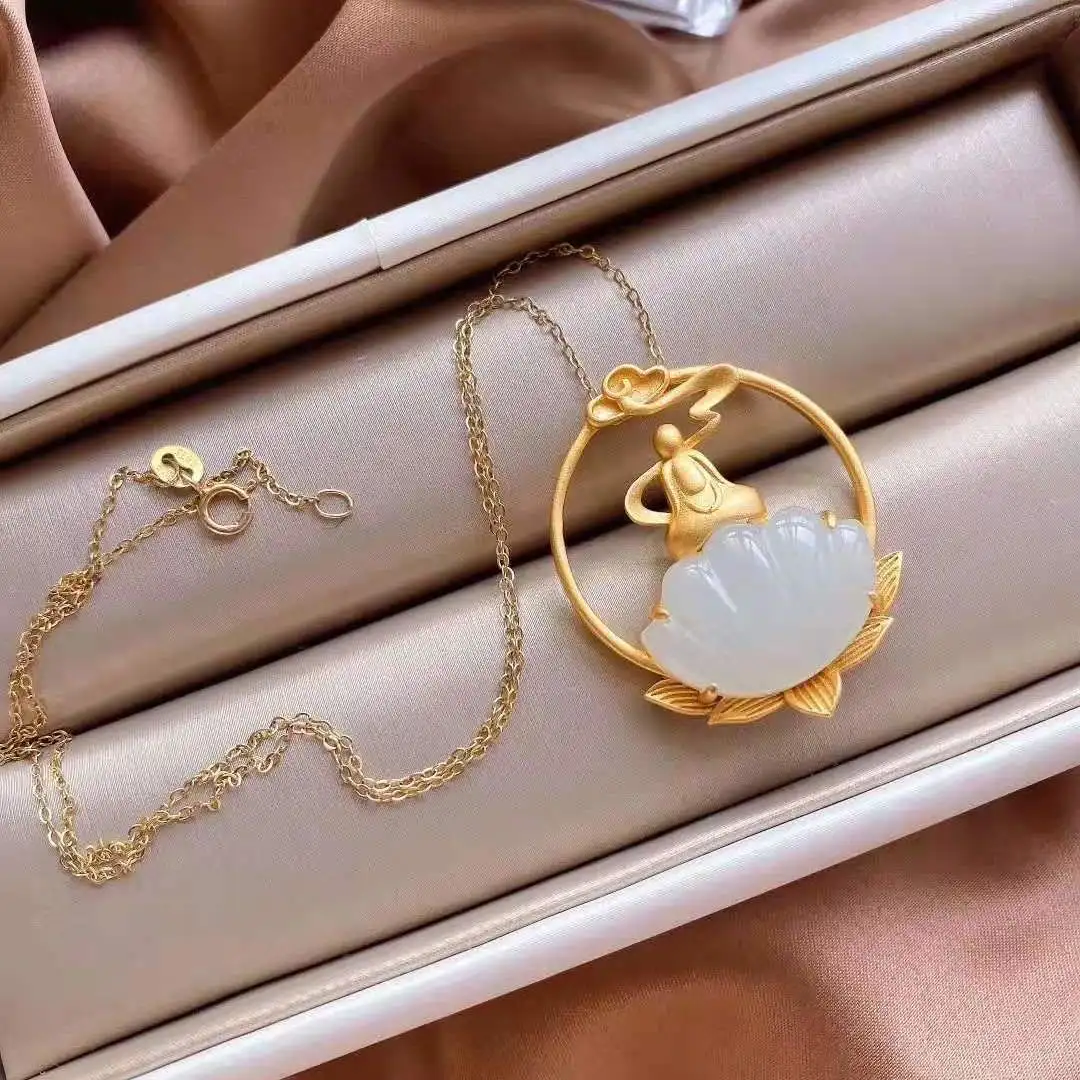 

New Retro S925 Sterling Silver Inlaid Natural Hetian Jade White Jade Ancient Trollius Chinensis Necklace Chinese Style Pendant