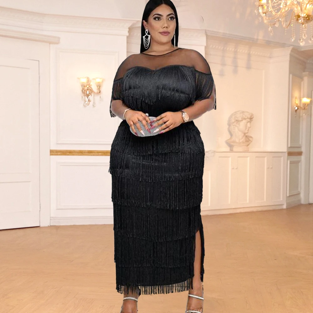 

Черное длинное платье с каскадной бахромой, женское сексуальное прозрачное Сетчатое лоскутное платье, лето 2021, Африканское элегантное обле...