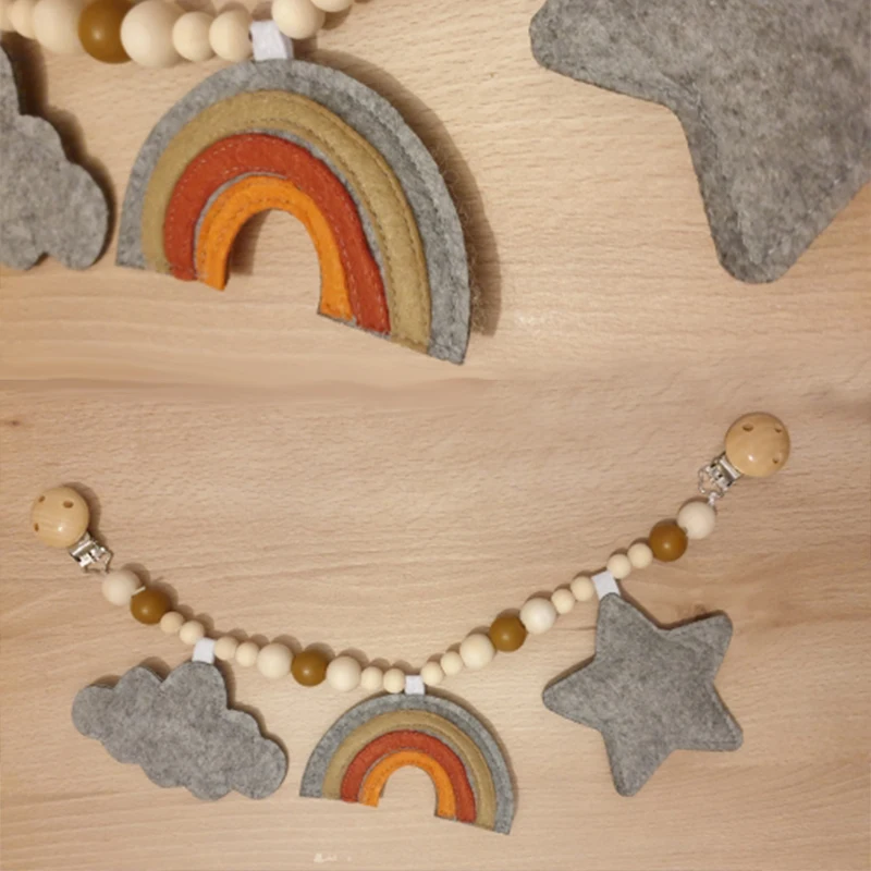 Cochecito de madera de juguete para beb&eacute;, cadena de chupete de cuentas de felpa, mordedor masticable, collar de dentici&oacute;n-2