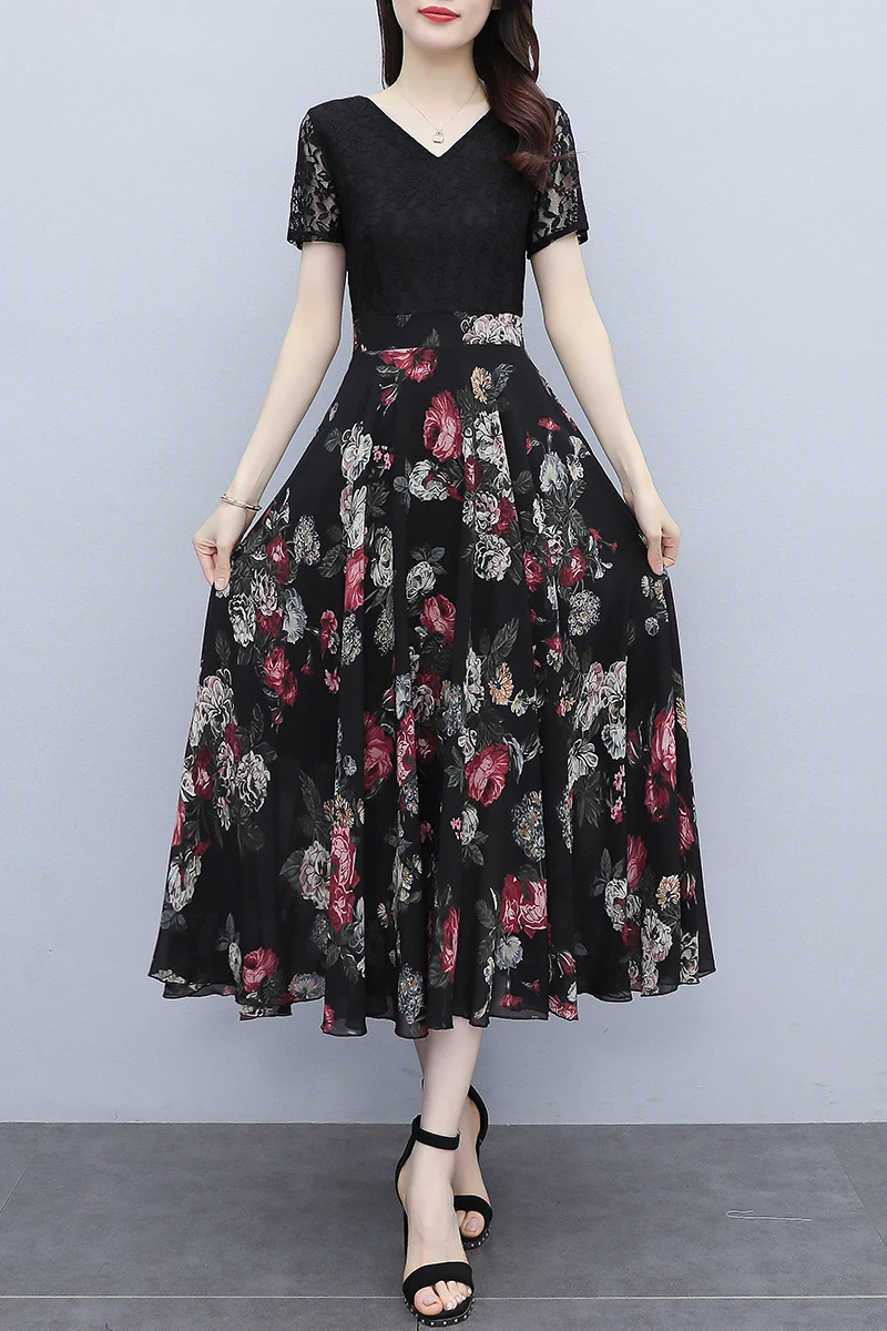 

Chiffon Loose Women's Dress New Fashion Casual Short Sleeve Dresses Flower Print V-neck Mid-length Summer Houthion