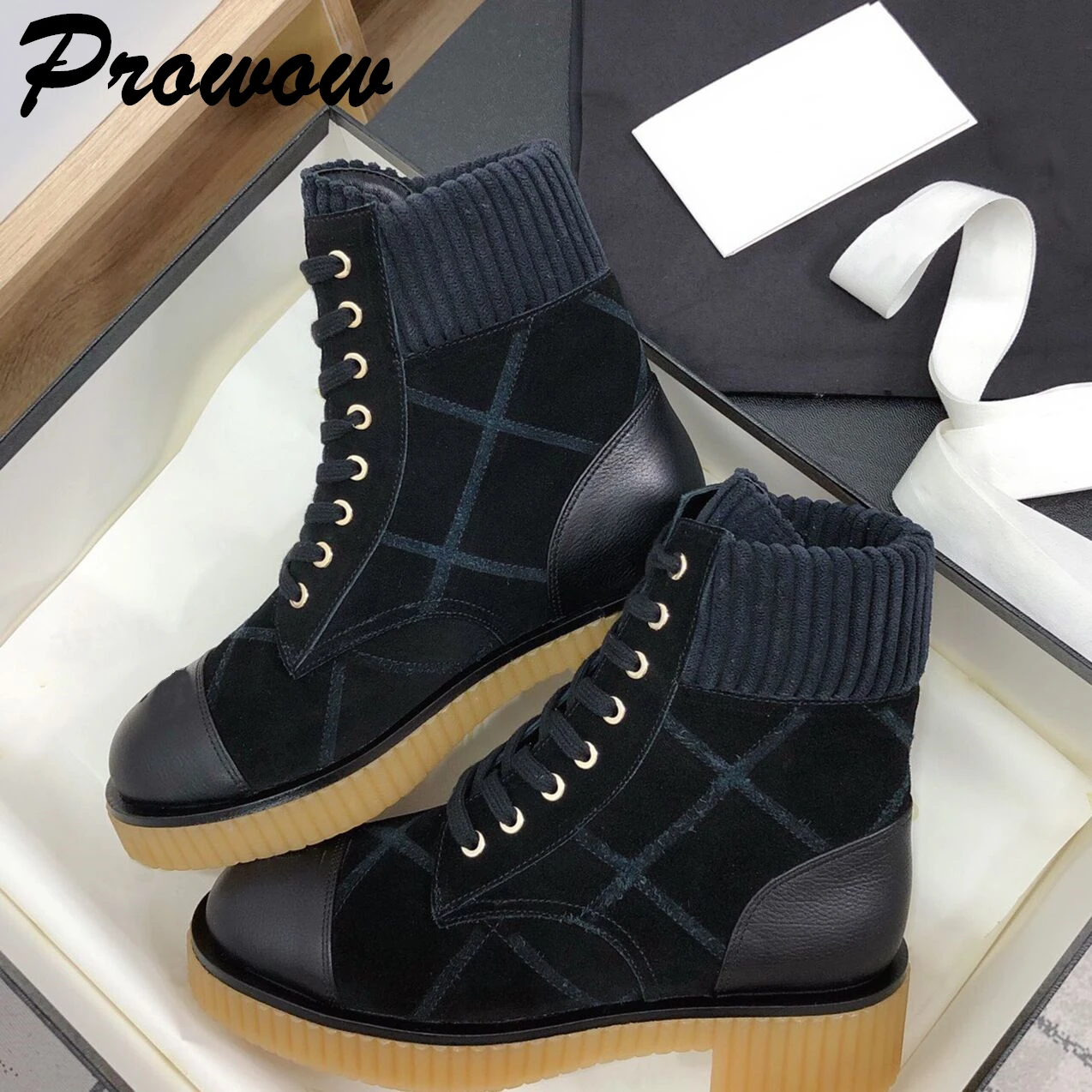 

Prowow New High quality Genuine Leather Black Beige Luxury Designer Ankle Boots Lace Up Heel Boots Female Women Shoes