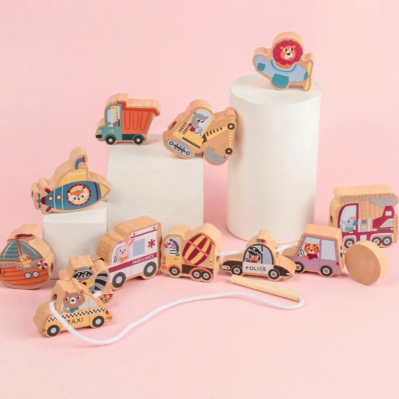 

Wooden Building Blocks Beads Baby Toys Montessori Cartoon Colorful Traffic Insect Beaded Rope Game Learning Kid Toy Gift