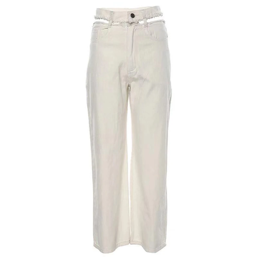 Повседневные женские джинсы с широкими штанинами винтажные брюки вырезами и