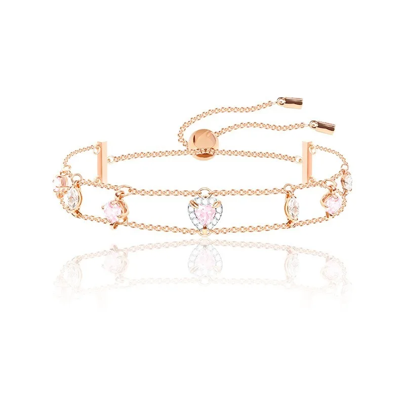 

Fashion jewelry high-quality new rose gold ocean heart love pink sweet double-row crystal bracelet charm love bracelet women.
