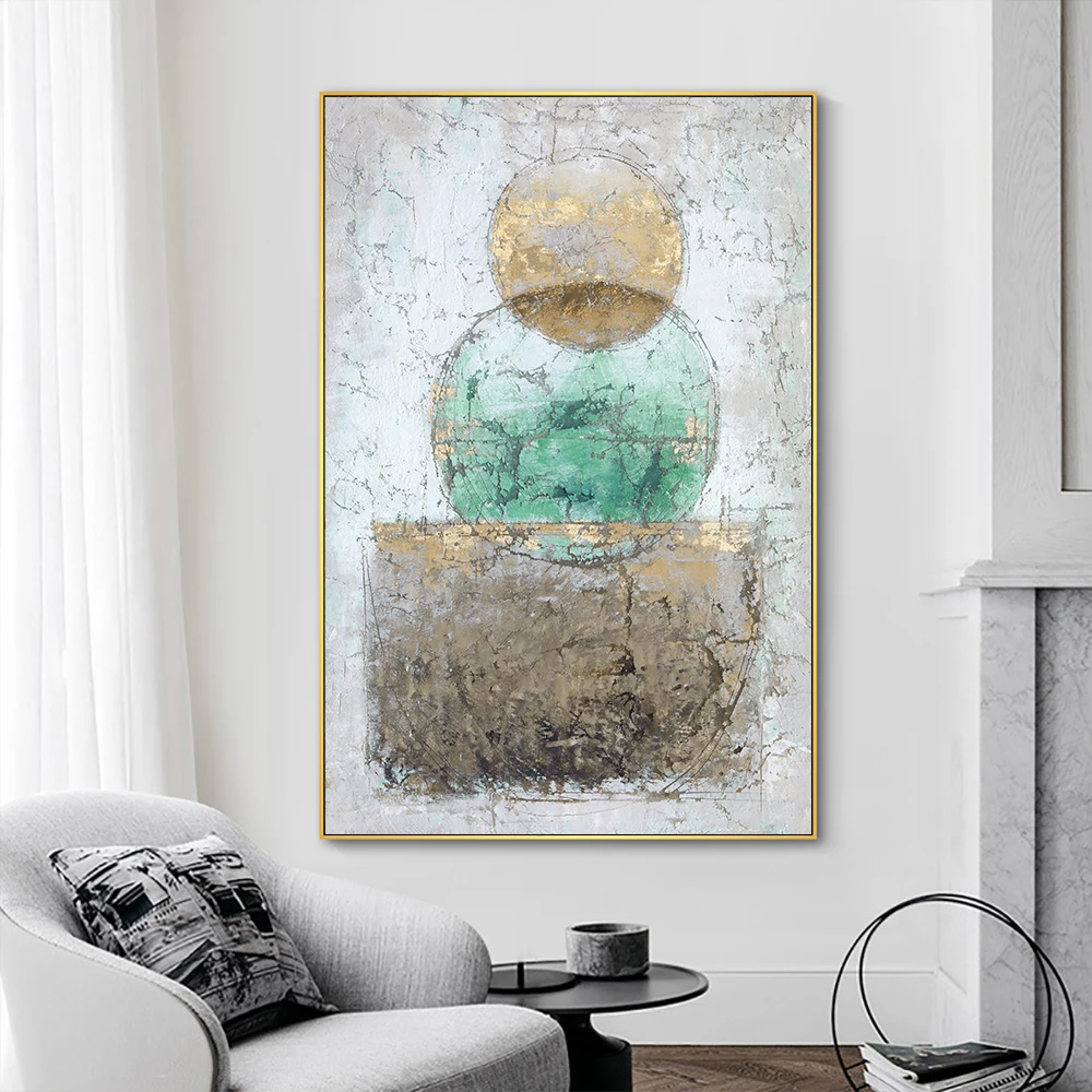 

Modern Luxury Abstract Oil Painting Art Canvas Gold Green Circle Geometry Print Poster Big Size Wall Decor Picture Home Decor