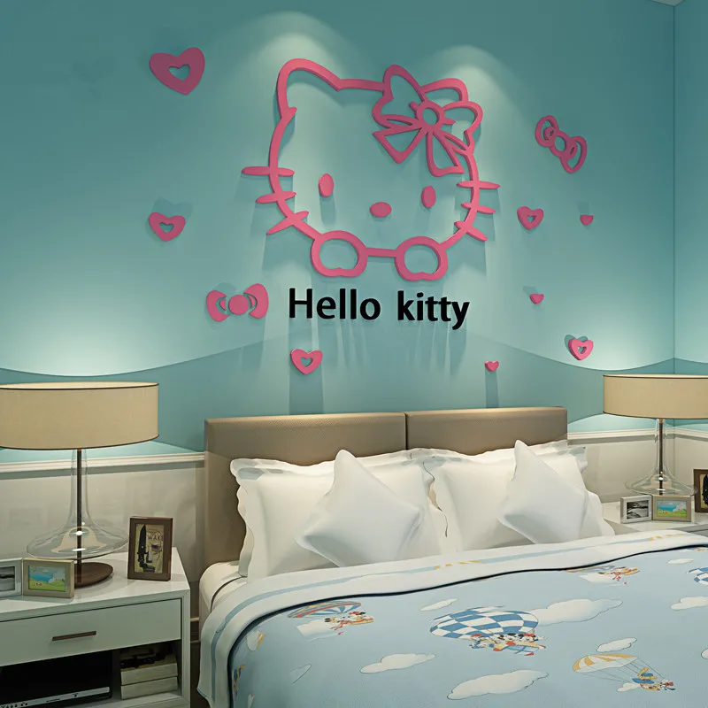 Hello kitty кошка акриловые 3D наклейки на стену детская комната мультфильм клейкая бумага спальня прикроватные настенные украшения