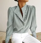 Модная белая блузка, женская рубашка с длинным рукавом, повседневный однотонный топ с воротником-хомутом, Женские топы и блузки, рубашки, весна 2021