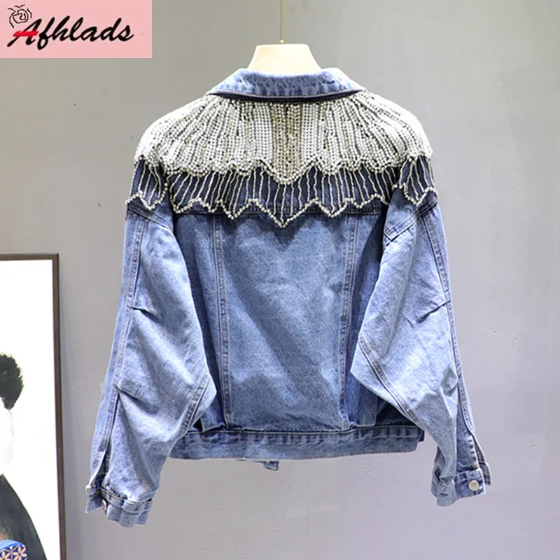 

Spring And Autumn New Luxury Diamond Pearl Denim Jacket Female Fashion Jacket Student Long Sleeve Vintage Denim Jacket Outerwear