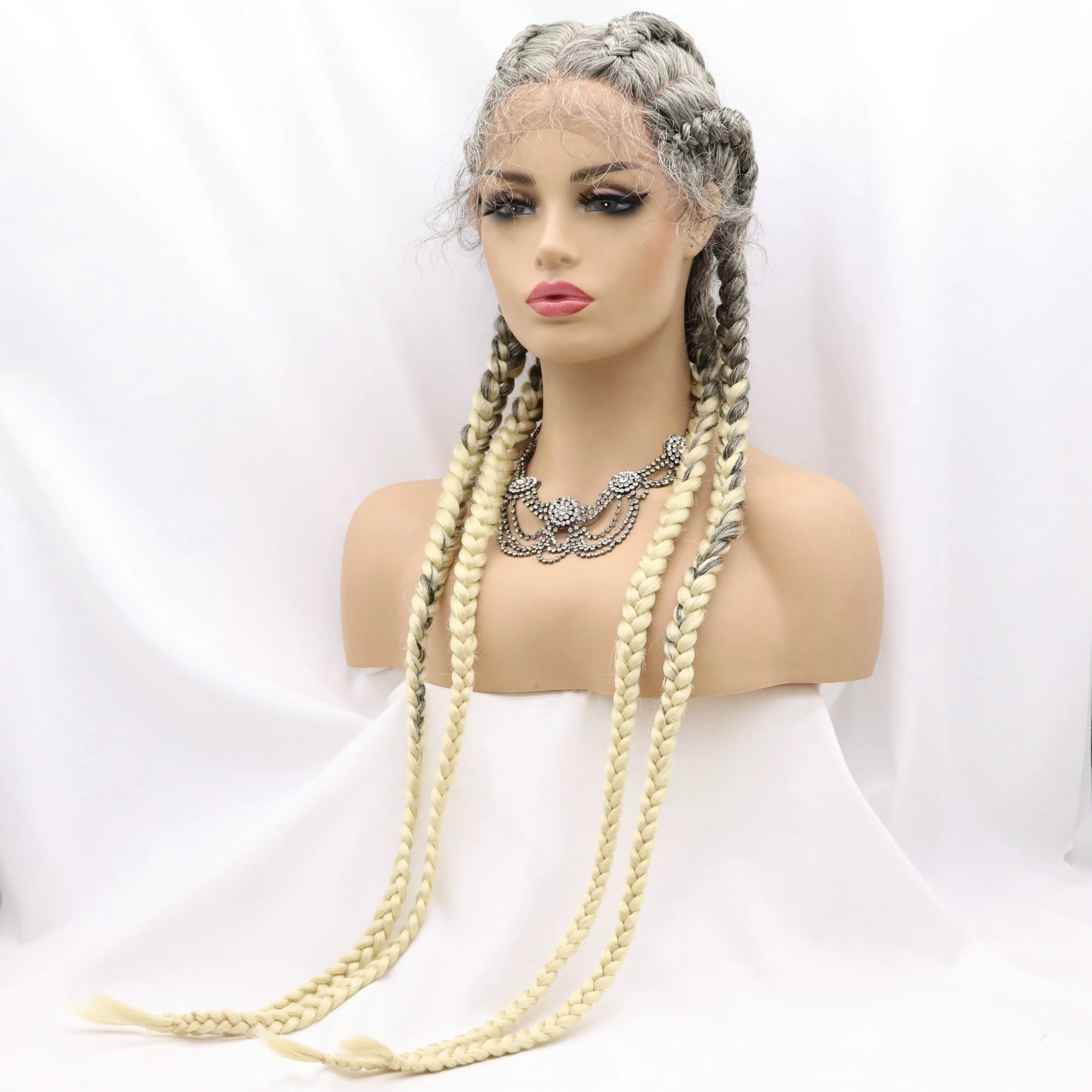Sylvia 4 Braided Synthetic Lace Front Wigs With Baby Hair Half Black Half Blonde Heat Resistant for Women Cosplay Drag Queen Wig
