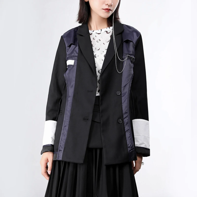 

[EAM] Women Black Contrast Color Split Blazer New Lapel Long Sleeve Loose Fit Jacket Fashion Tide Spring Autumn 2021 JY774