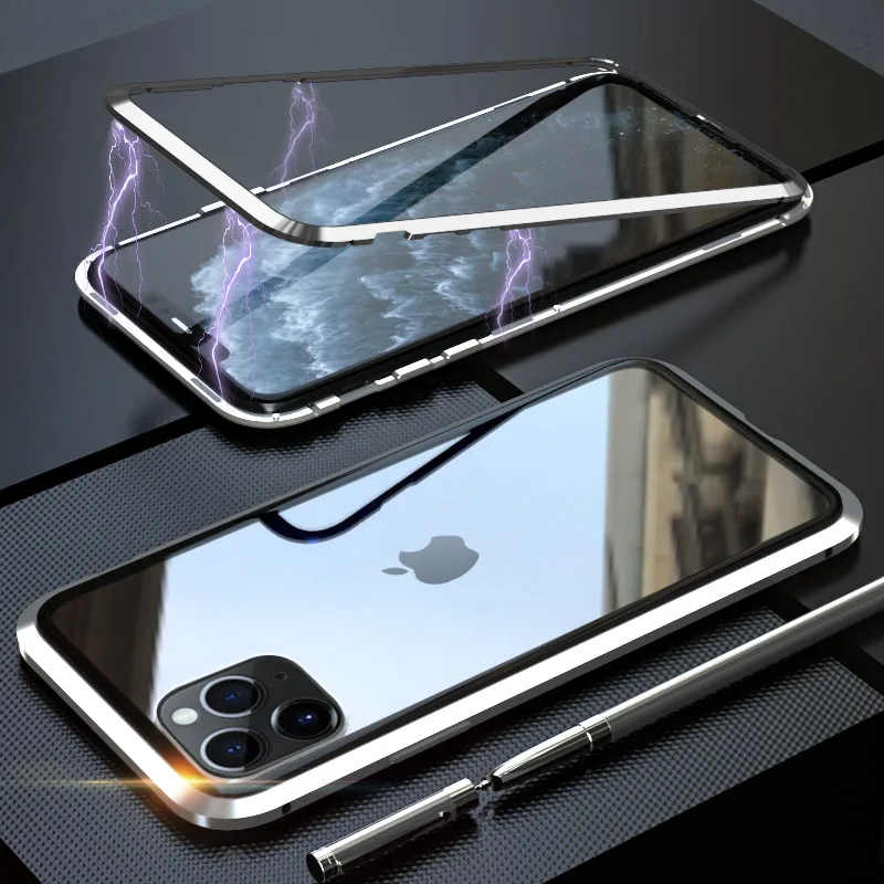 Магнитный адсорбционный чехол для телефона iPhone 11 Pro Max, чехол с магнитом для iPhone 11 Pro Max, чехол, чехлы из металла, Bumber Coque - Цвет: Silver