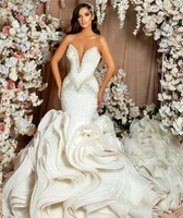 pearls white mermaid wedding dress tiered ruffles off shoulder bridal gown custom made sleeveless floor length robes de mari%c3%a9e