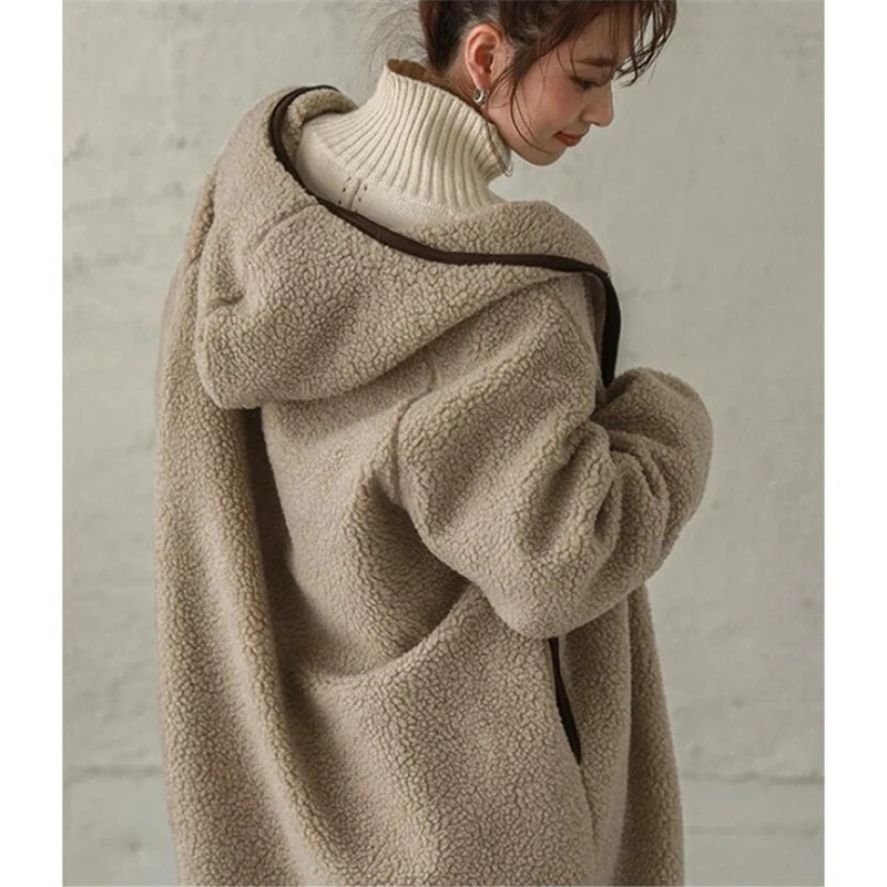 

Lamb Wool Coat Solid Color Hooded Big Pocket Coat Korean Style Temperament Coat