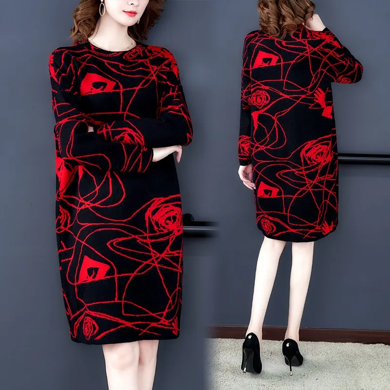 Женское трикотажное платье размера плюс осенне-зимнее длинное шерстяное