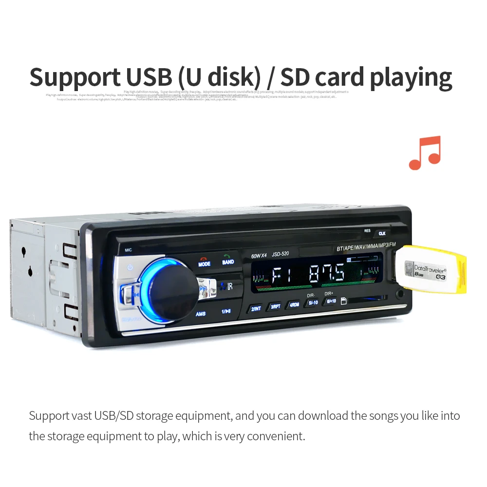 Bluetooth V2.0 JSD-520 Стерео Авторадио 12 В в-тире 1 Din FM Aux вход приемник SD USB MP3 MMC WMA аудио плеер JSD520