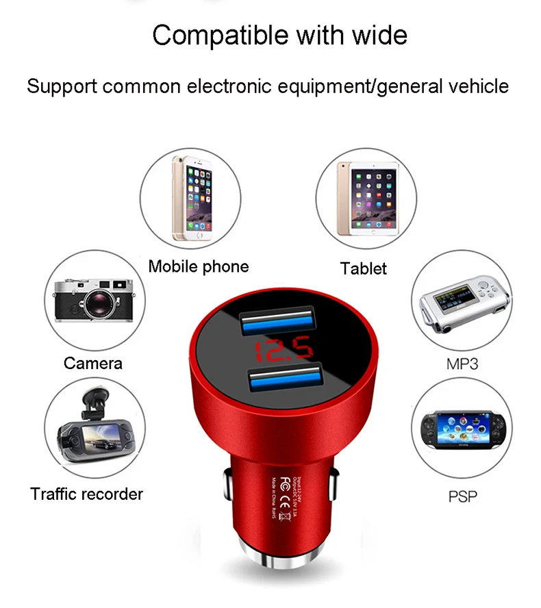 Универсальное автомобильное зарядное устройство с двумя USB, быстрая зарядка 3.1A(макс.), цифровой светодиодный дисплей напряжения тока, Автоматическая быстрая зарядка для телефона, планшета