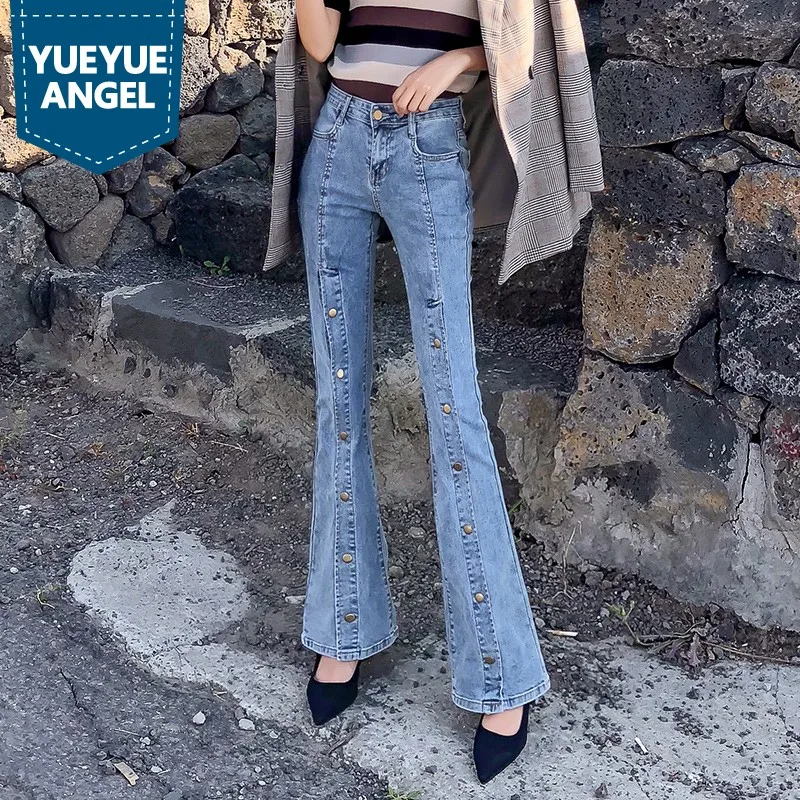 

Fashion Button Design Flare Jeans Women Streetwear Office Zipper Wide Leg Jeans Vintage Slim Denim Trousers Female Light Blue