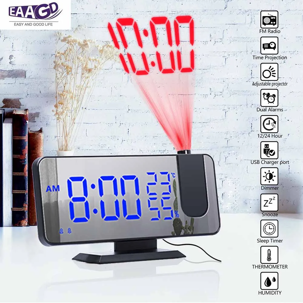 Проекционный будильник радио цифровой светодиодный дисплей часы с портами USB для