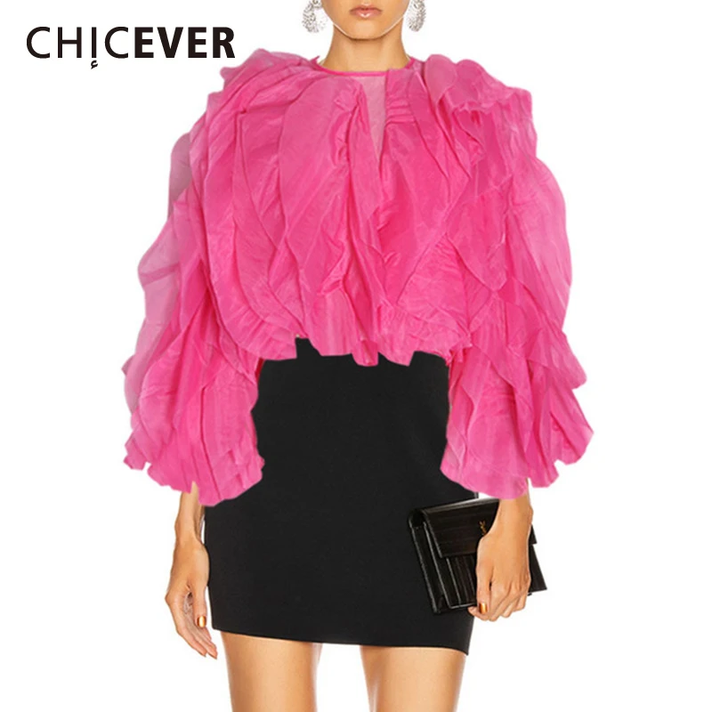 

CHICEVER Asymmetric Shirt For Women O Neck Lantern Long Sleeve Patchwork Ruffles Plus Size Blouse Female 2020 New Clothes Tide