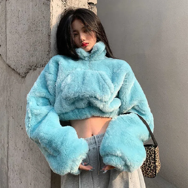 

Autumn clothing Sweatshirt women fashion streetwear blue short lamb hair stand-up collar plus velvet thick sweater womens tops