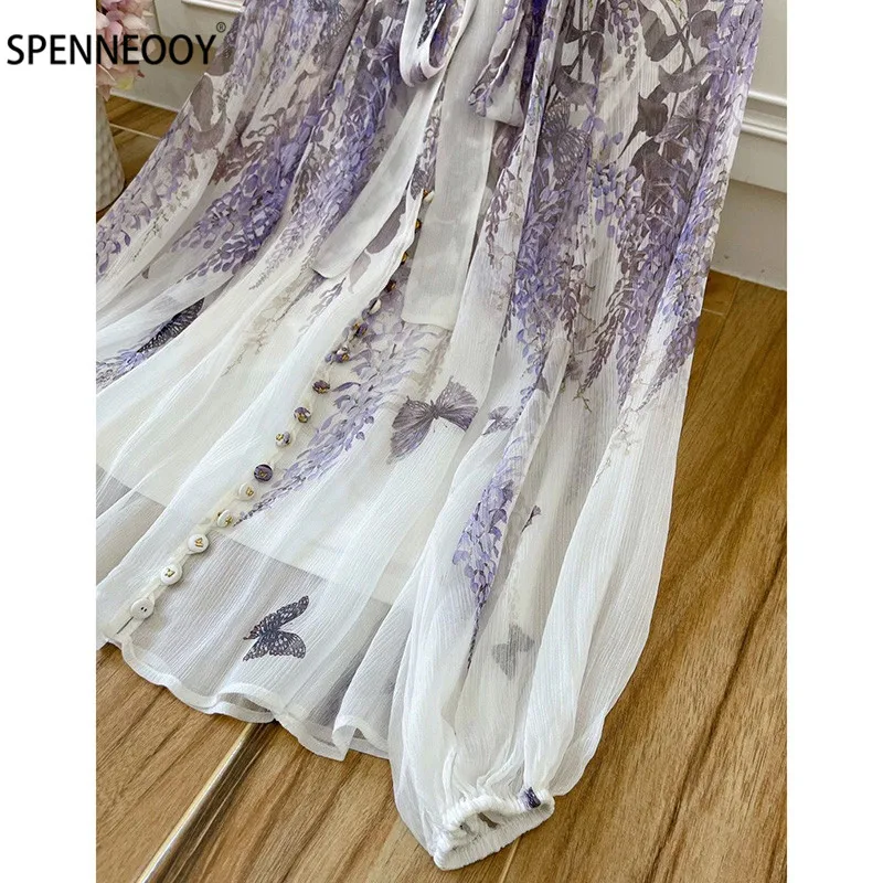 SPENNYMOOR 2021 Runway Summer High-End Two Piece Set Women Butterfly Embroidery Purple Print Silk Blouse + Linen Shorts Sets