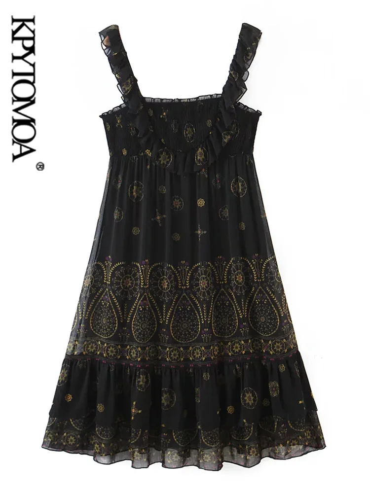 

KPYTOMOA женское Модное шифоновое миди-платье с тотемным принтом с оборками винтажное платье с открытой спиной и подкладными лямками женские п...