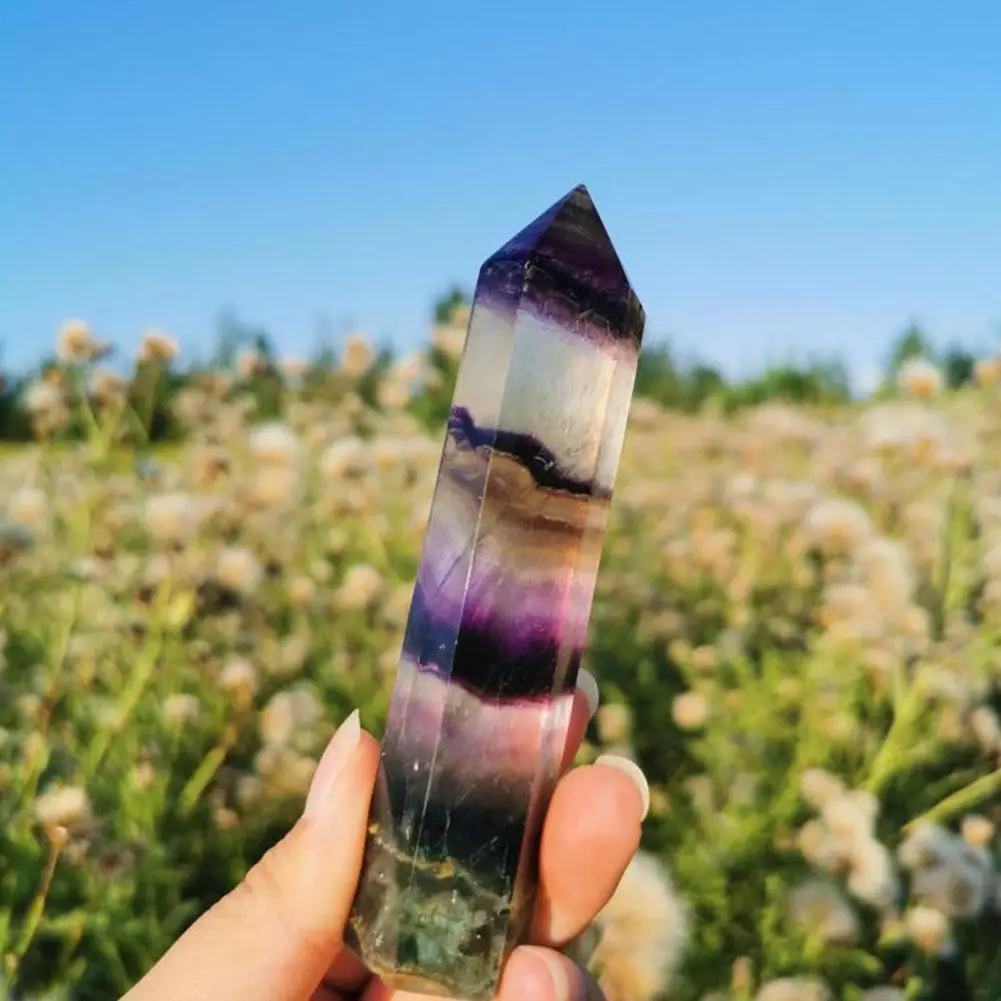 

Natural Stone Six-prism Crystal Column Colorful Fluorite Purple Fluorite Quartz Green Gem Column Crystal Ornaments Fluo W3r0