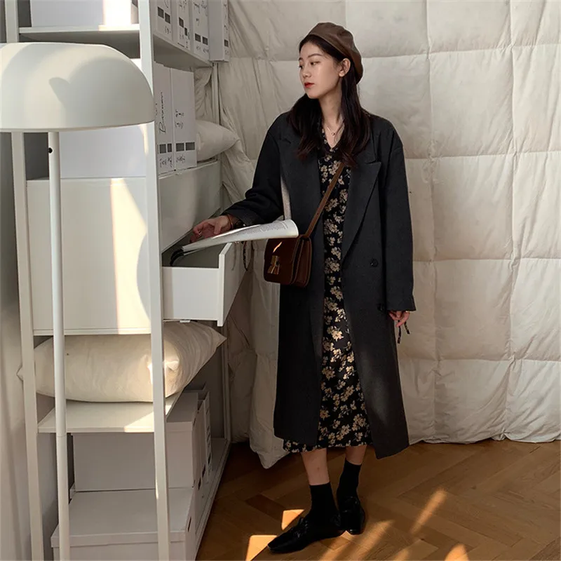 

2020 Autumn And Winter Plus Cotton Thick Suit Solid Color Jacket Female Korean Version Loose Wild Over The Knee Long Coat C525