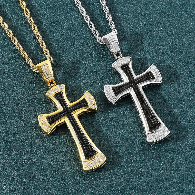 

Hip Hop Black White CZ Stone Paved Bling Iced Out Cross Pendants Necklaces for Men Rapper Jewelry Drop Shipping