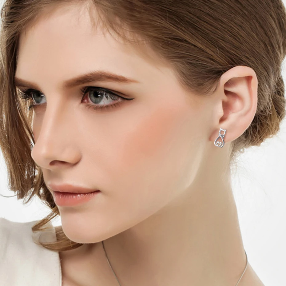 Серьги гвоздики с котом из стерлингового серебра 925 пробы серьги кристаллами