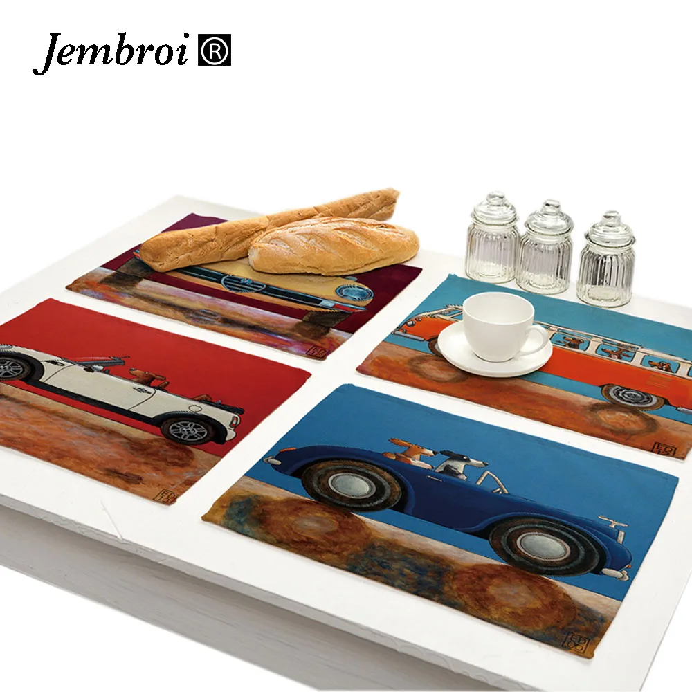 

Cartoon Animals Faux Linen Print Placemat for Dining Table Mat Retro Car Pet Dog Drink Coasters Set Nordic Kitchen Accessories