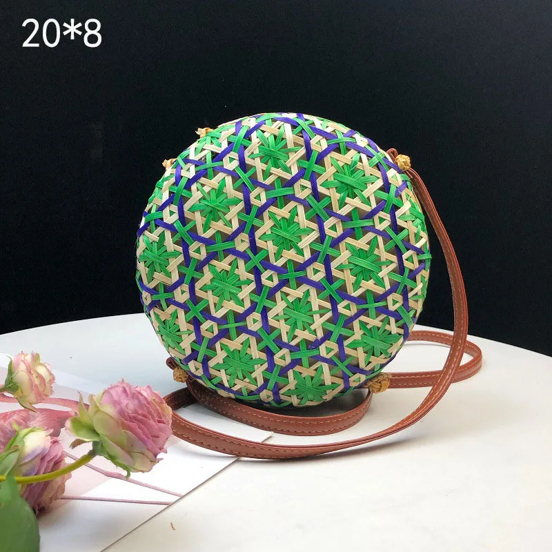 Круглая плетеная соломенная сумка, сумка из ротанга, женские сумки для путешествий, маленькие пляжные сумки, женские летние полые пляжные сумки ручной работы, сумки на плечо - Цвет: BT903green