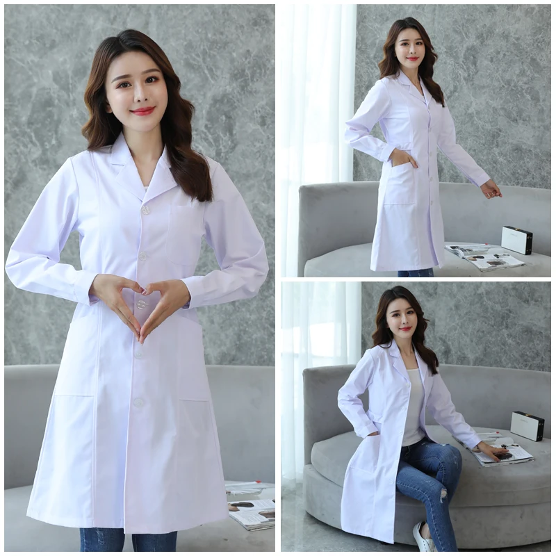 White Long Sleeve Летняя медицинская Униформа больница стоматологическая клиника Медсестра одежда с коротким и длинным рукавом красота Salo аптека скраб лабораторное пальто халаты - Цвет: White Long Sleeve