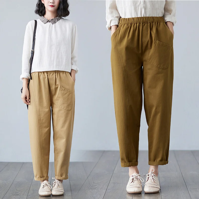 

Осень 2021, однотонные хлопковые и льняные повседневные шаровары в стиле ретро, женские свободные укороченные брюки в стиле пэчворк для похуд...