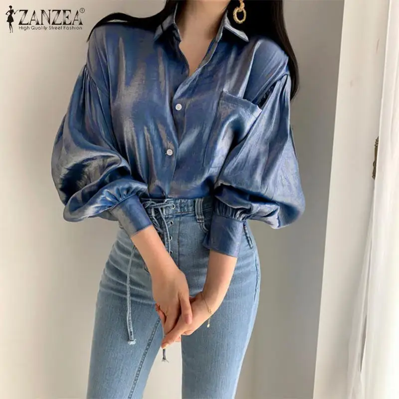 

ZANZEA Gradient Color Shirts Female Elegant Lapel Button Blusa Casual Puff Sleeve Top Womens 2021 Fashion Bright Blouse Oversize