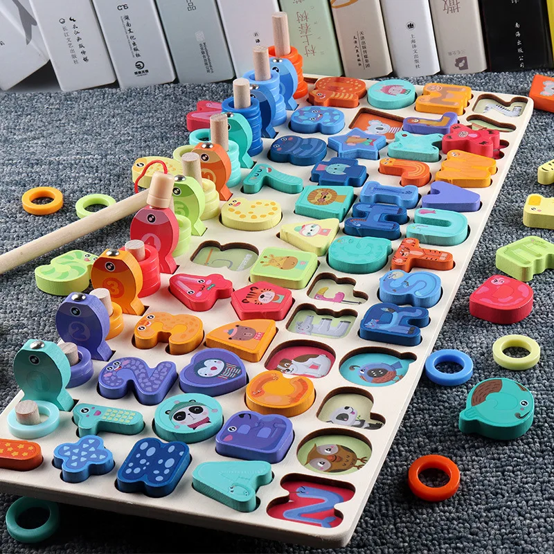 

Montessori Children's Education Wooden Toys Busy Board Math Fishing Preschool Wooden Montessori Toy Counting Geometric Toys