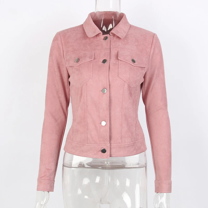 Розовая Осенняя женская укороченная куртка с длинным рукавом и отложным
