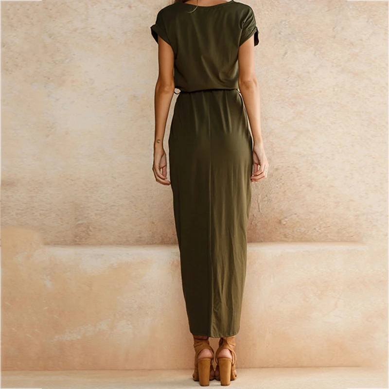 Платье в пол CLD719 женское однотонное с коротким рукавом | Женская одежда