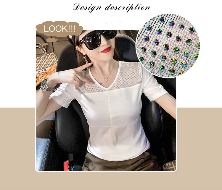 

Summer 2021 T-shirt Women V-neck Diamonds Ruched Slim Waist Stretchy Casual Tops Tees Short Sleeve White Black Blue T17116A
