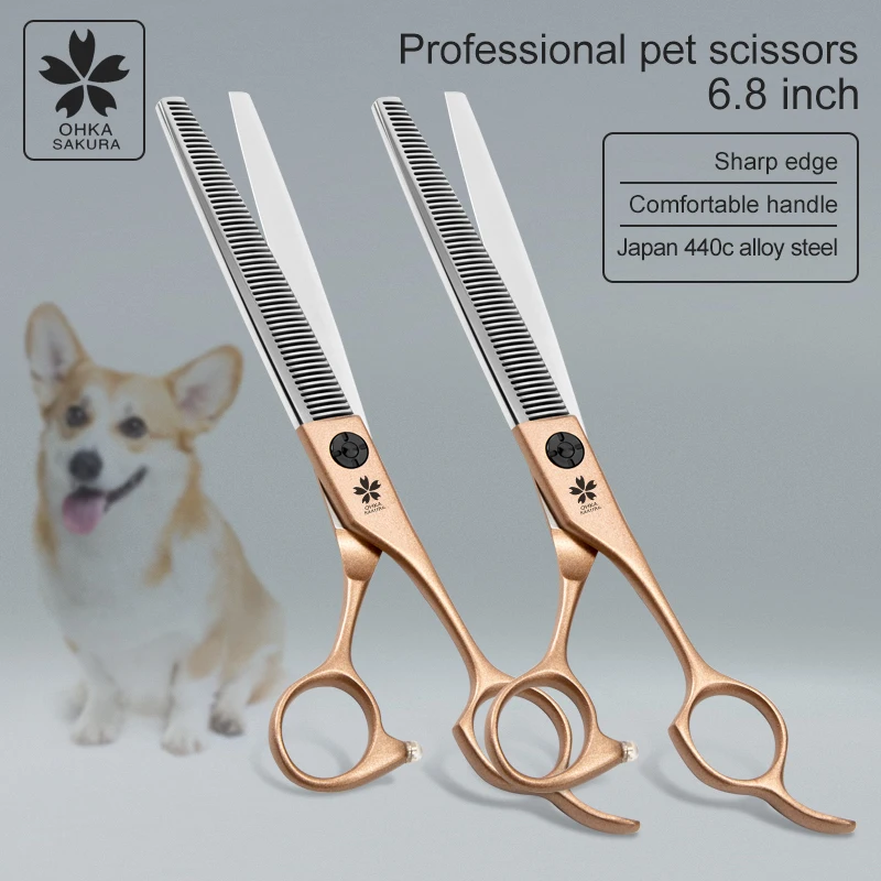 6.8 inch Pet tooth scissors beauty hair cutting tool set champagne handle hair trimming scissors dog