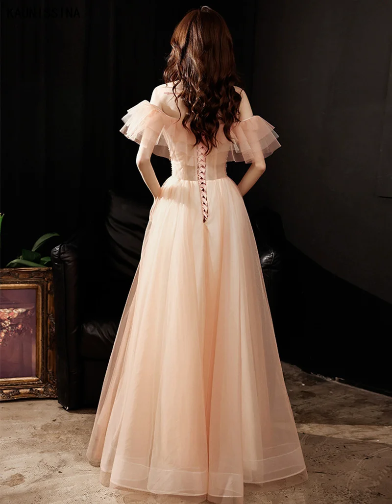 

KAUNISSINA Women Evening Dresses Woman Party Night Long Formal Dress Ruffles Off the Shoulder Beaded Gown Vestidos De Fiesta