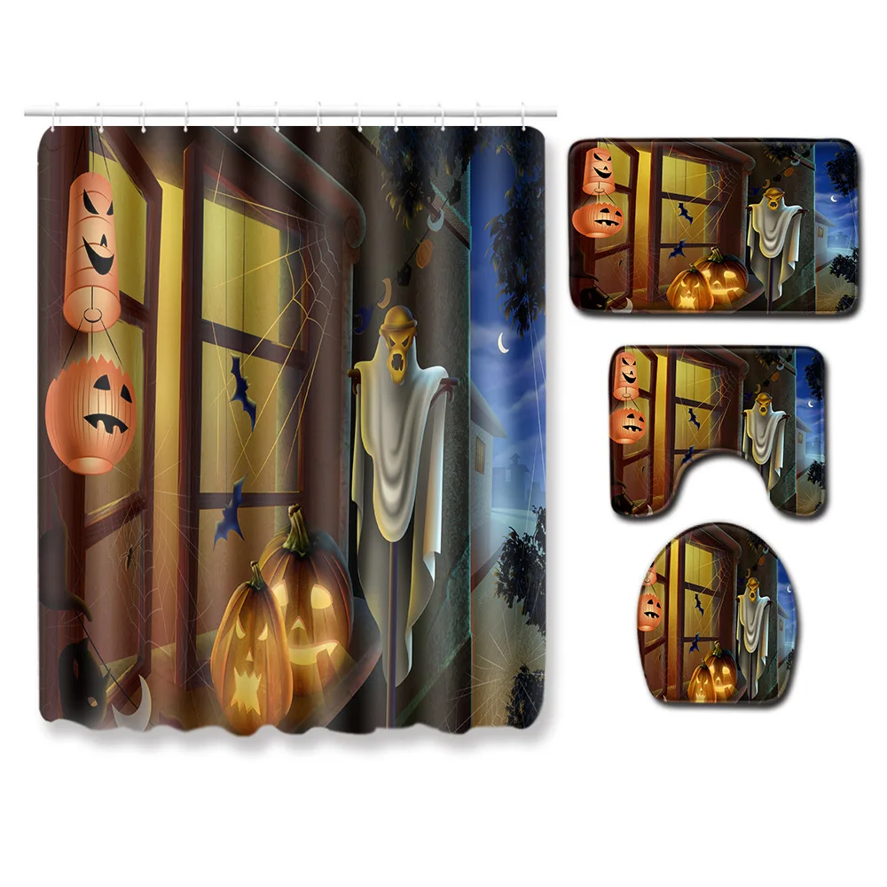 

Zeegle Halloween Shower Curtain Bathroom Carpet Set Washable Bathroom Toilet Pedestal Rug Absorbent Microfiber Bath Foot Mat