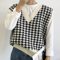 houndstooth plaid knitted sweater vest women vintage winter pullover women v neck loose sleeveless sweaters waistcoat tops 17502