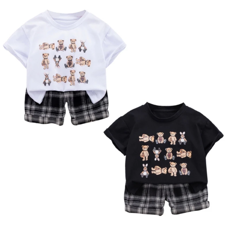 

2021 Summer Boys Clothes Cartoon Bear T-shirt Print Short-sleeved Top+Casual Plaid Shorts Children Clothing Outfits