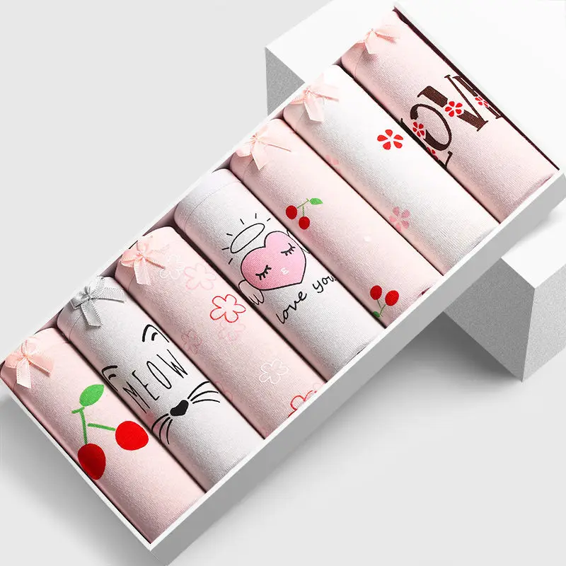7pcs/lot Women Panties Sexy Cotton Underwear Cute Cartoon Printed Mid Rise Intimate Briefs Breathable Underpants Lingerie | Женская